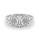 Silver Radiant Diamond Floral Side Stone Solitaire with Marquise Accents and Four-Prong Setting