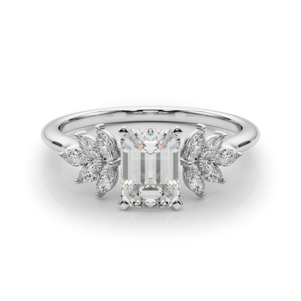 Platinum Radiant Diamond Floral Side Stone Solitaire with Marquise Accents and Four-Prong Setting
