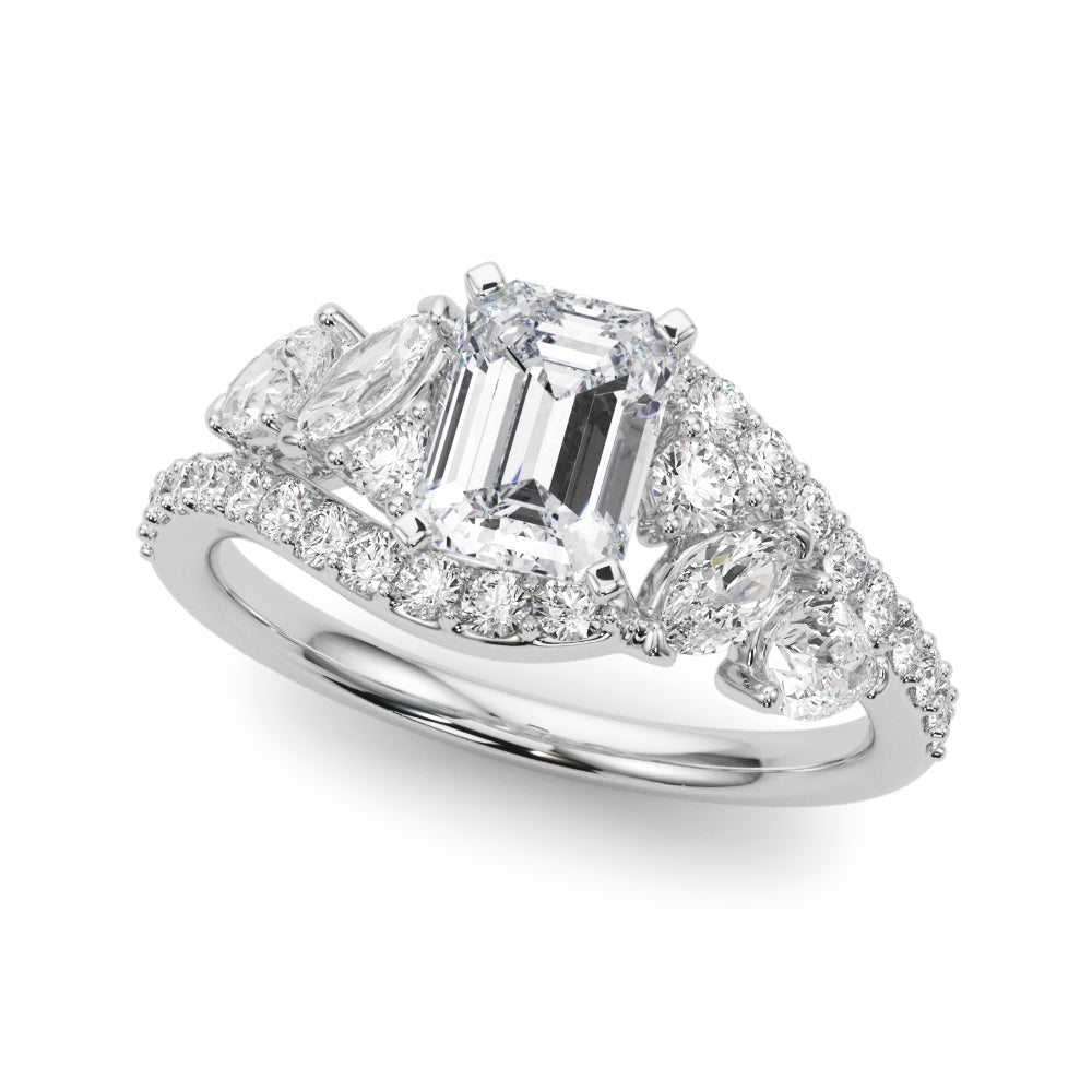 Silver Radiant Diamond Halo Ring with Marquise and Pavé Band in Prong Setting 2