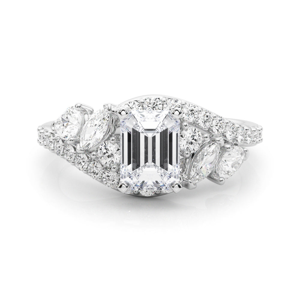 Silver Radiant Diamond Halo Ring with Marquise and Pavé Band in Prong Setting