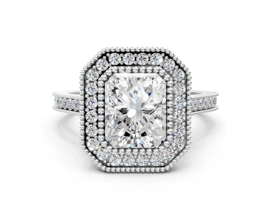 Silver Radiant Diamond Halo Ring with Milgrain Frame and Pavé Band