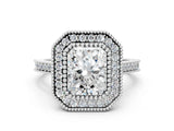 Silver Radiant Diamond Halo Ring with Milgrain Frame and Pavé Band