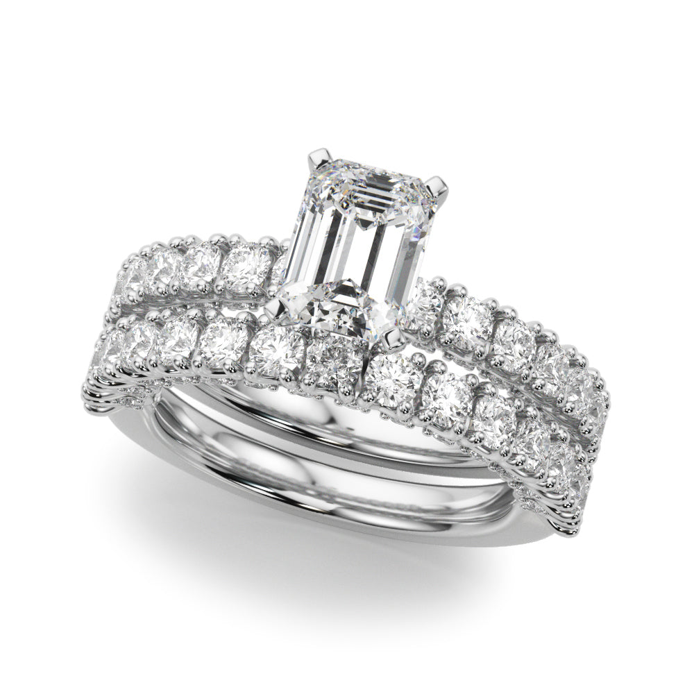 Silver Radiant Diamond Pavé Band Solitaire Ring with Four-Prong Setting