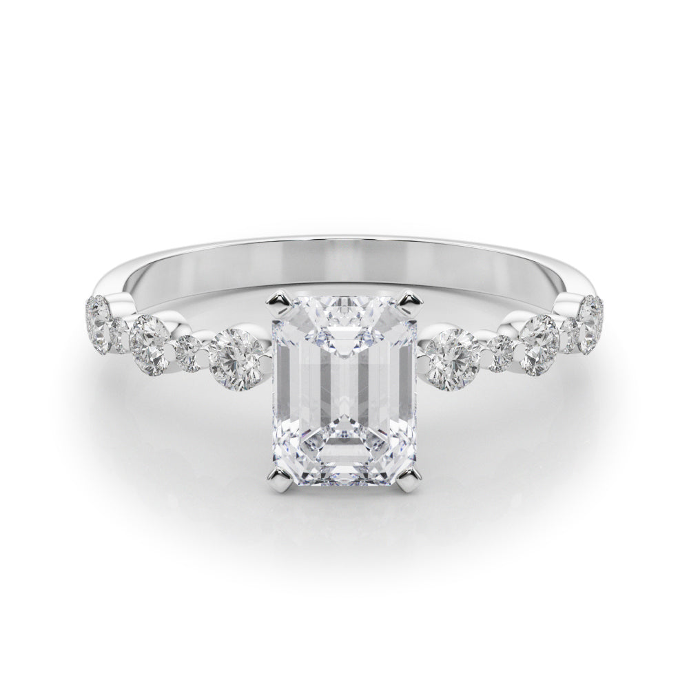 Silver Radiant Diamond Prong Set Engagement Ring with Pave Band