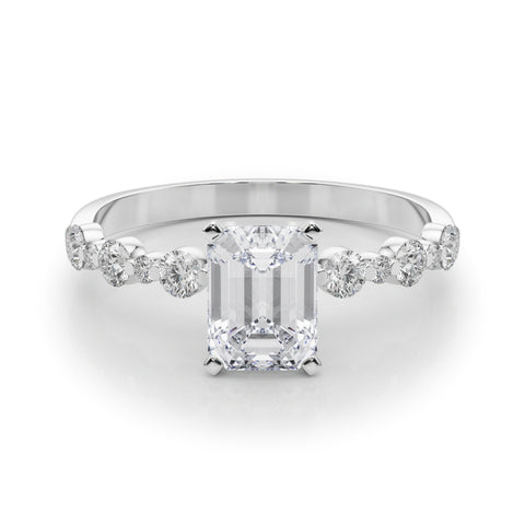 Silver Radiant Diamond Prong Set Engagement Ring with Pave Band