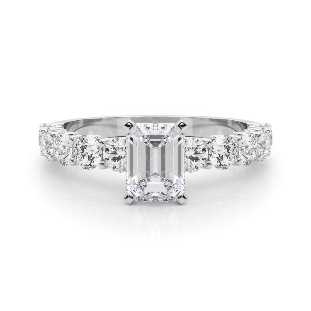 Silver Radiant Diamond Prong Setting with Side Stones on a Pave Band