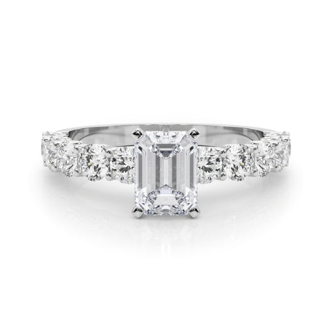 Silver Radiant Diamond Prong Setting with Side Stones on a Pave Band