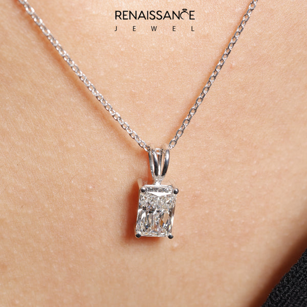 Silver Radiant Diamond Solitaire Pendant with Four Prong Setting