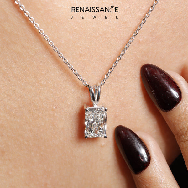 Silver Radiant Diamond Solitaire Pendant with Four Prong Setting