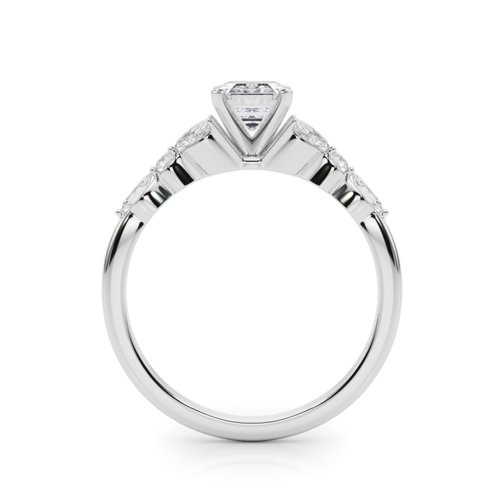 Silver Radiant Diamond Solitaire with Side Stones on a Silver Band and Four-Prong Setting 1