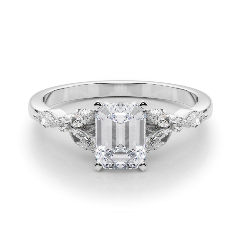 Silver Radiant Diamond Solitaire with Side Stones on a Silver Band and Four-Prong Setting