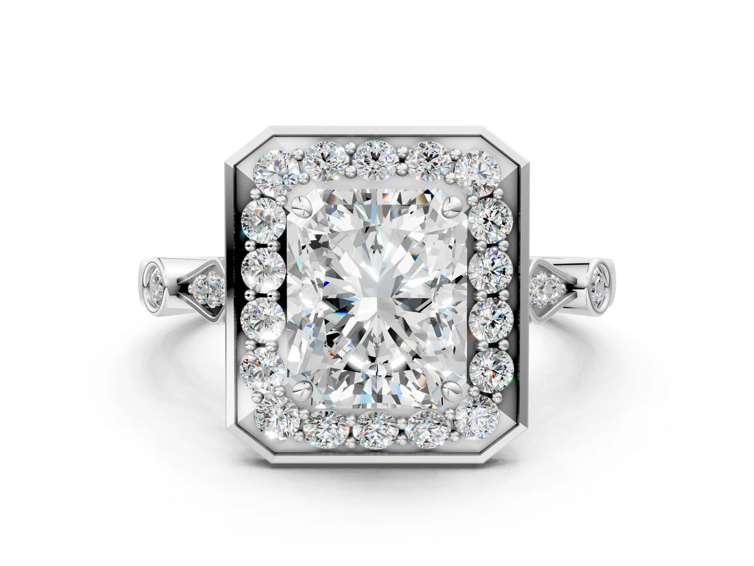 Silver Radiant Halo Diamond Engagement Ring with Twisted Band and Four-Prong Setting