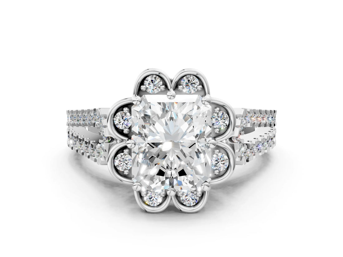 Silver Radiant Halo Diamond Floral Split Shank Engagement Ring