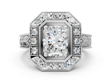 Silver Radiant Halo Diamond Ring with Milgrain Bezel and Prong Setting_6