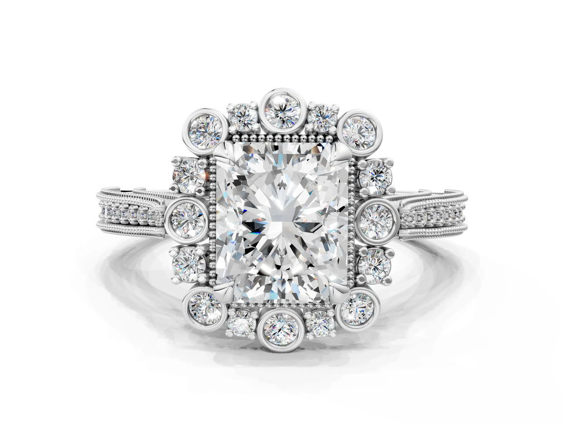 Silver Radiant Halo Milgrain Pave Diamond Ring with Four-Prong Setting