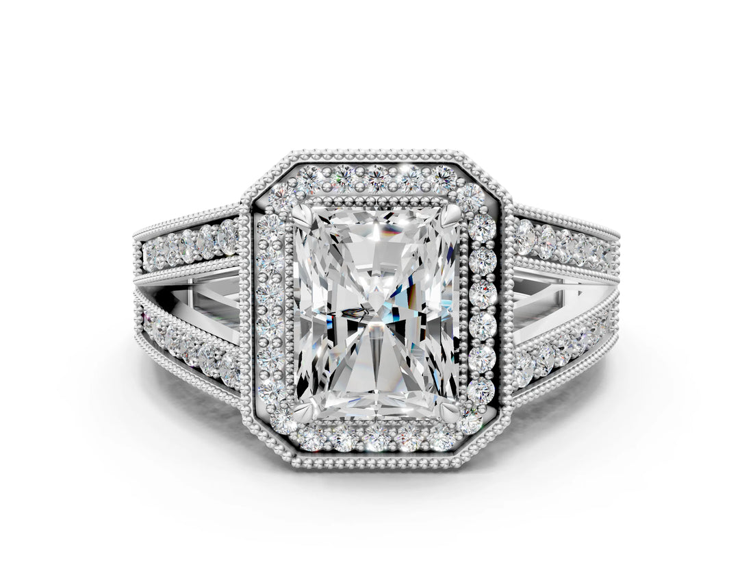 Silver Radiant Halo Split Shank Diamond Ring with Milgrain Prong Setting_6