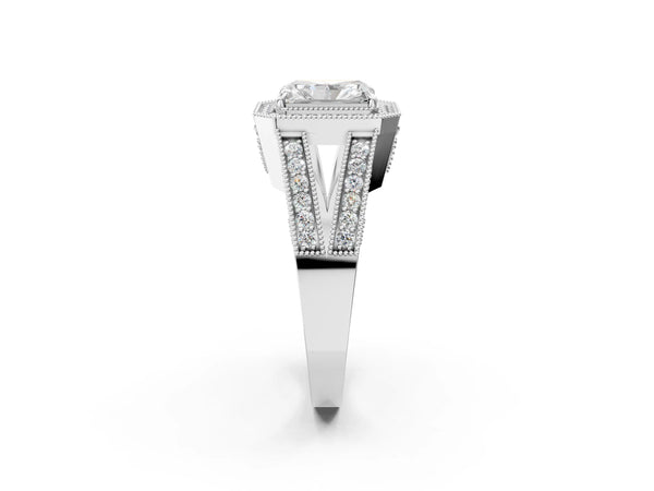 Sterling Silver Radiant Cut Vintage Milgrain Halo Engagement Ring Setting with Pave Split Shank