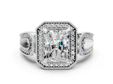 Silver Radiant Halo Split Shank Milgrain Diamond Ring_26