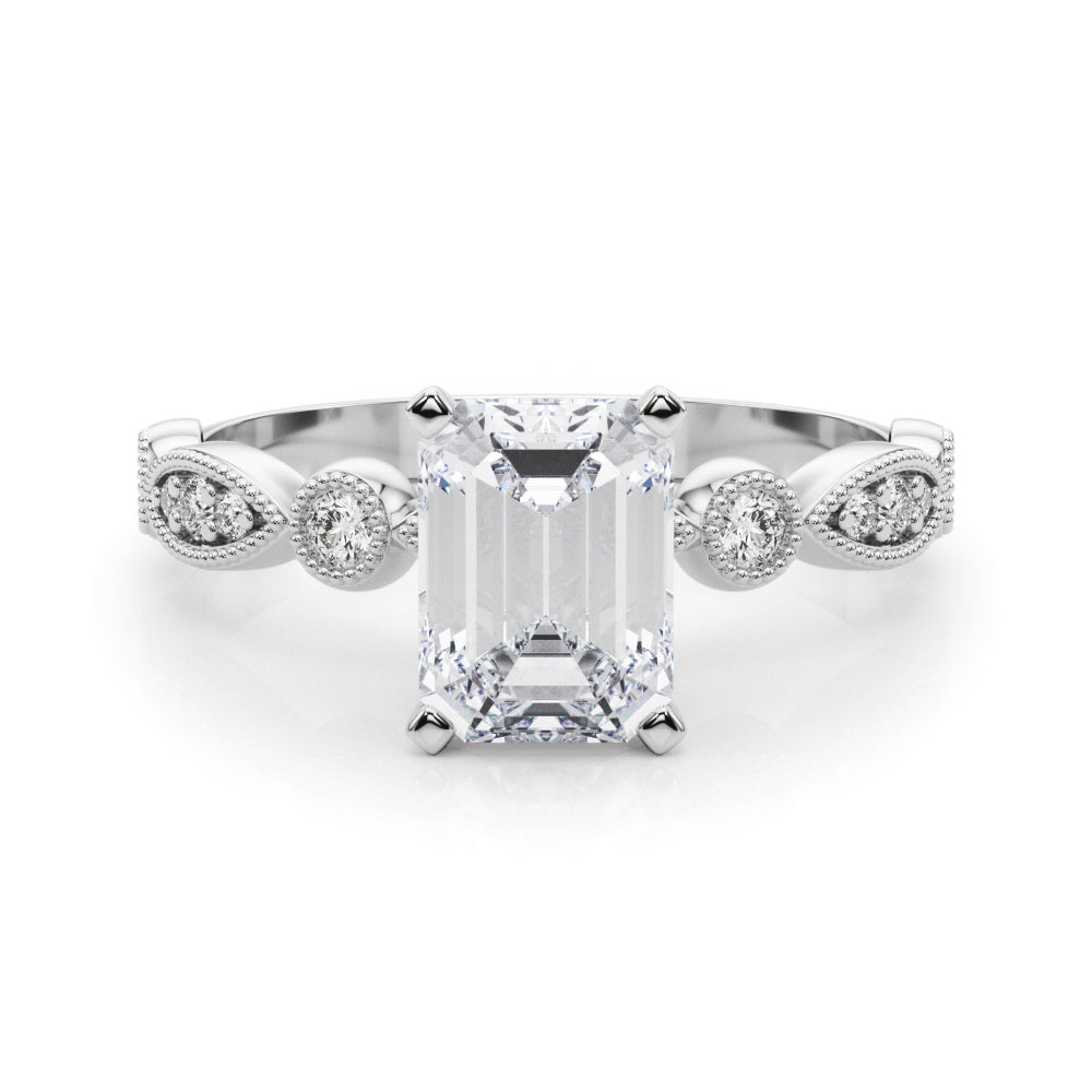 Silver Radiant Milgrain Bezel Diamond Engagement Ring with Solitaire Prong Setting