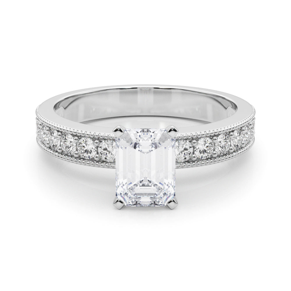 Silver Radiant Milgrain Pave Diamond Engagement Ring with Four-Prong Setting
