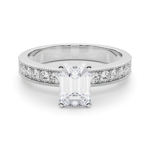 Silver Radiant Milgrain Pave Diamond Engagement Ring with Four-Prong Setting