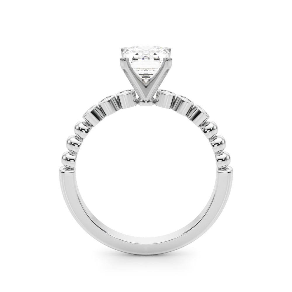 Silver Radiant Solitaire Bezel Accent Diamond Engagement Ring with Beaded Band and Four-Prong Setting 1