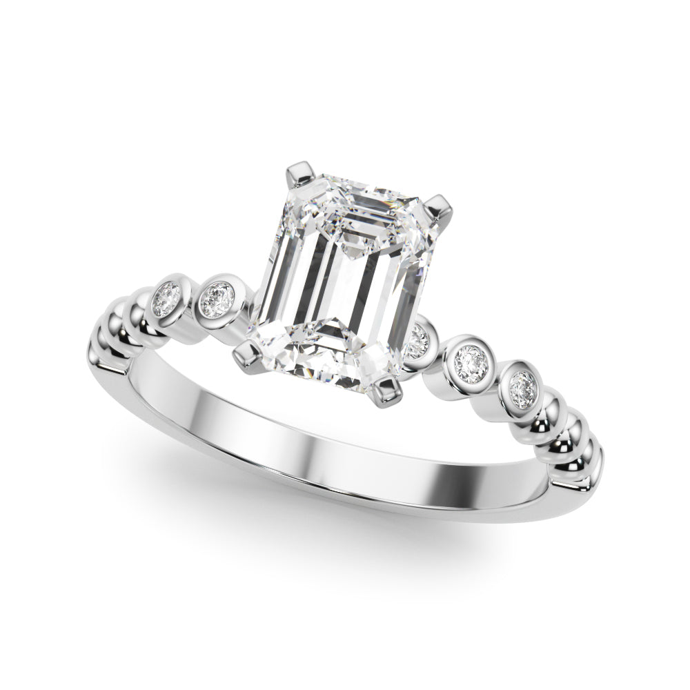Silver Radiant Solitaire Bezel Accent Diamond Engagement Ring with Beaded Band and Four-Prong Setting 2