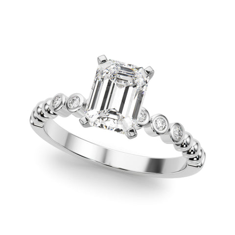 Silver Radiant Solitaire Bezel Accent Diamond Engagement Ring with Beaded Band and Four-Prong Setting 2