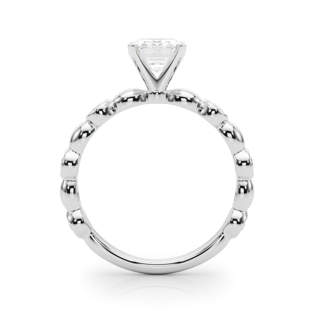 Silver Radiant Solitaire Bezel-Set Diamond Ring with Beaded Band and Four-Prong Setting 1