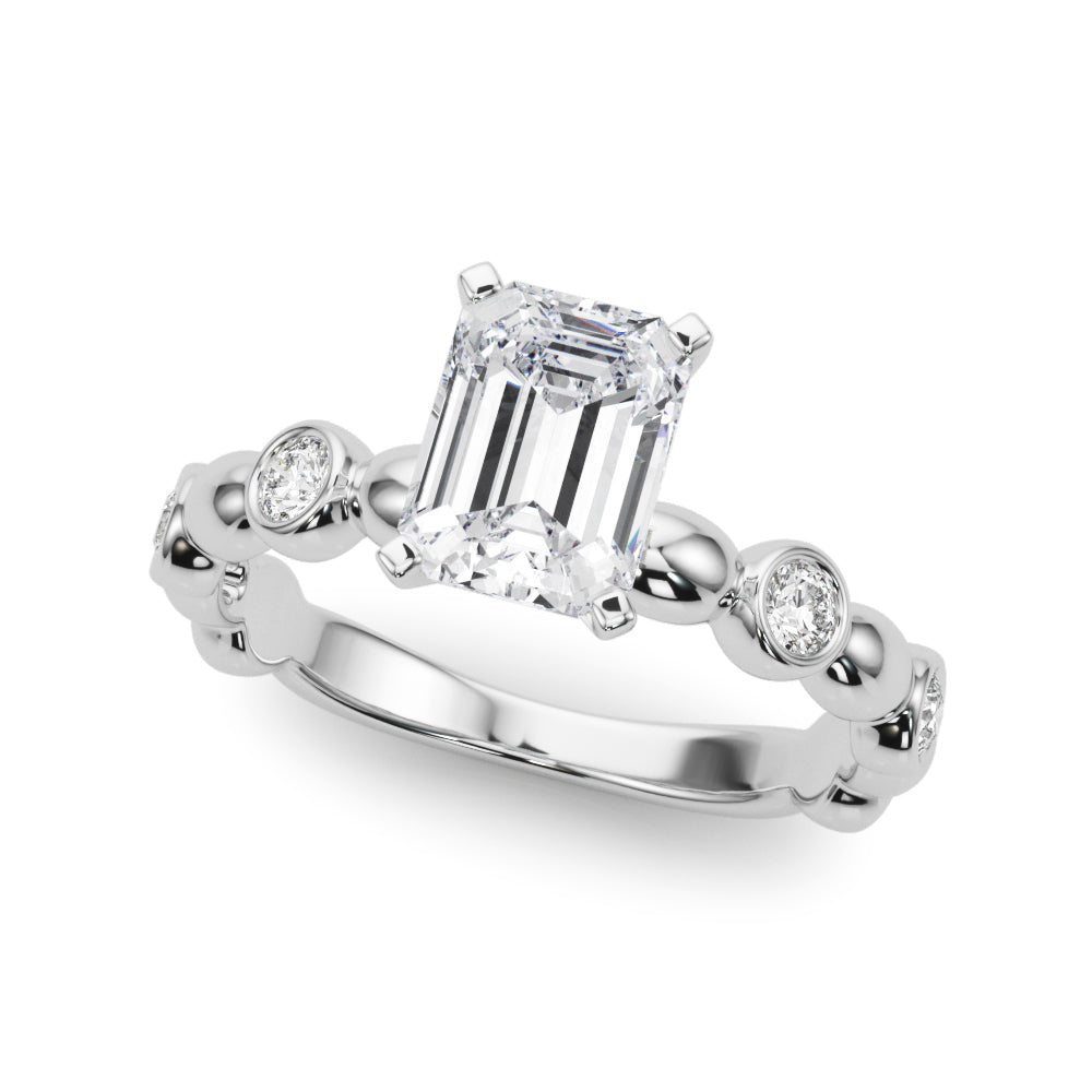 Silver Radiant Solitaire Bezel-Set Diamond Ring with Beaded Band and Four-Prong Setting 2