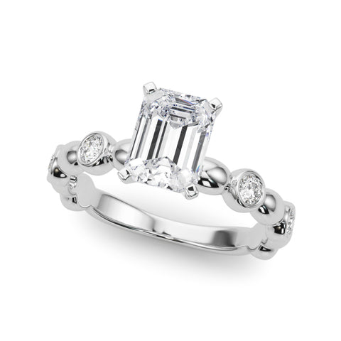 Silver Radiant Solitaire Bezel-Set Diamond Ring with Beaded Band and Four-Prong Setting 2