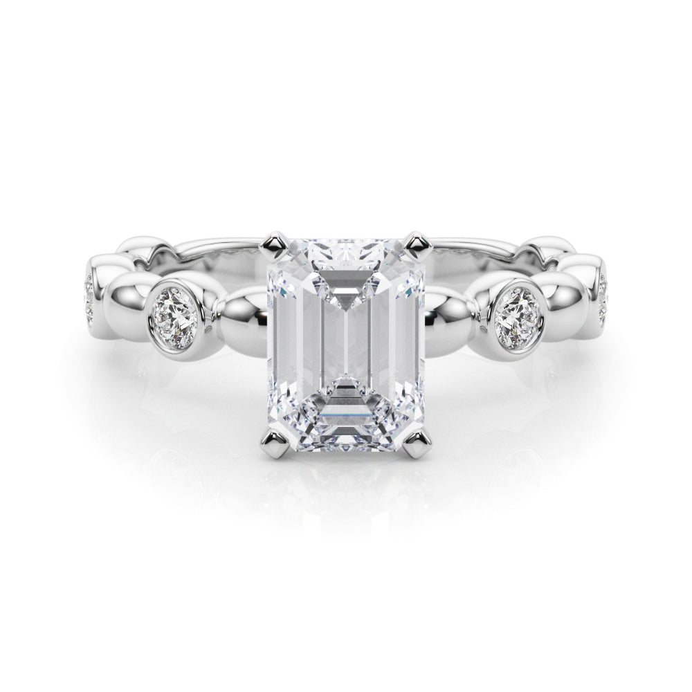 Silver Radiant Solitaire Bezel-Set Diamond Ring with Beaded Band and Four-Prong Setting
