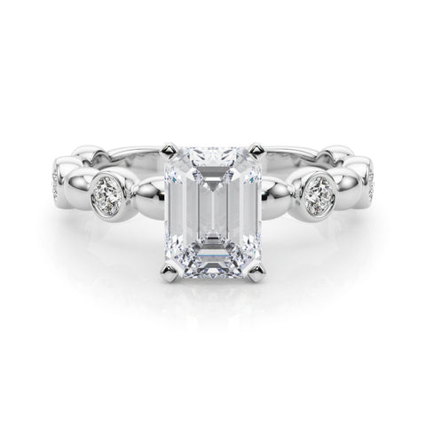 Silver Radiant Solitaire Bezel-Set Diamond Ring with Beaded Band and Four-Prong Setting