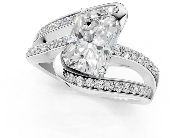 Silver Radiant Solitaire Bypass Diamond Engagement Ring with Channel-Set Band and Four-Prong Setting