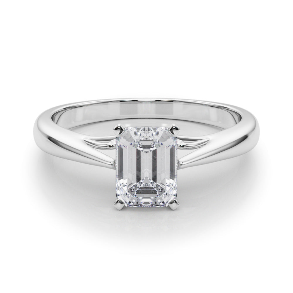 Silver Radiant Solitaire Diamond Engagement Ring with Cathedral Setting and Four-Prong Mount on a Classic Band