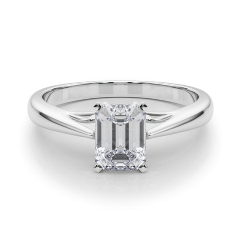 Silver Radiant Solitaire Diamond Engagement Ring with Cathedral Setting and Four-Prong Mount on a Classic Band