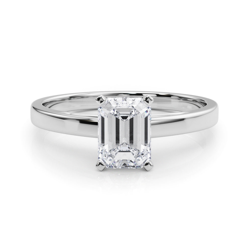 Silver Radiant Solitaire Diamond Engagement Ring with Four-Prong Setting on a Classic Band