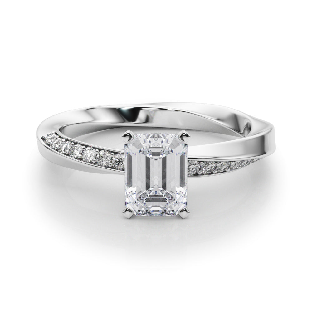 Silver Radiant Solitaire Diamond Engagement Ring with Side Stone Accents and Four-Prong Setting