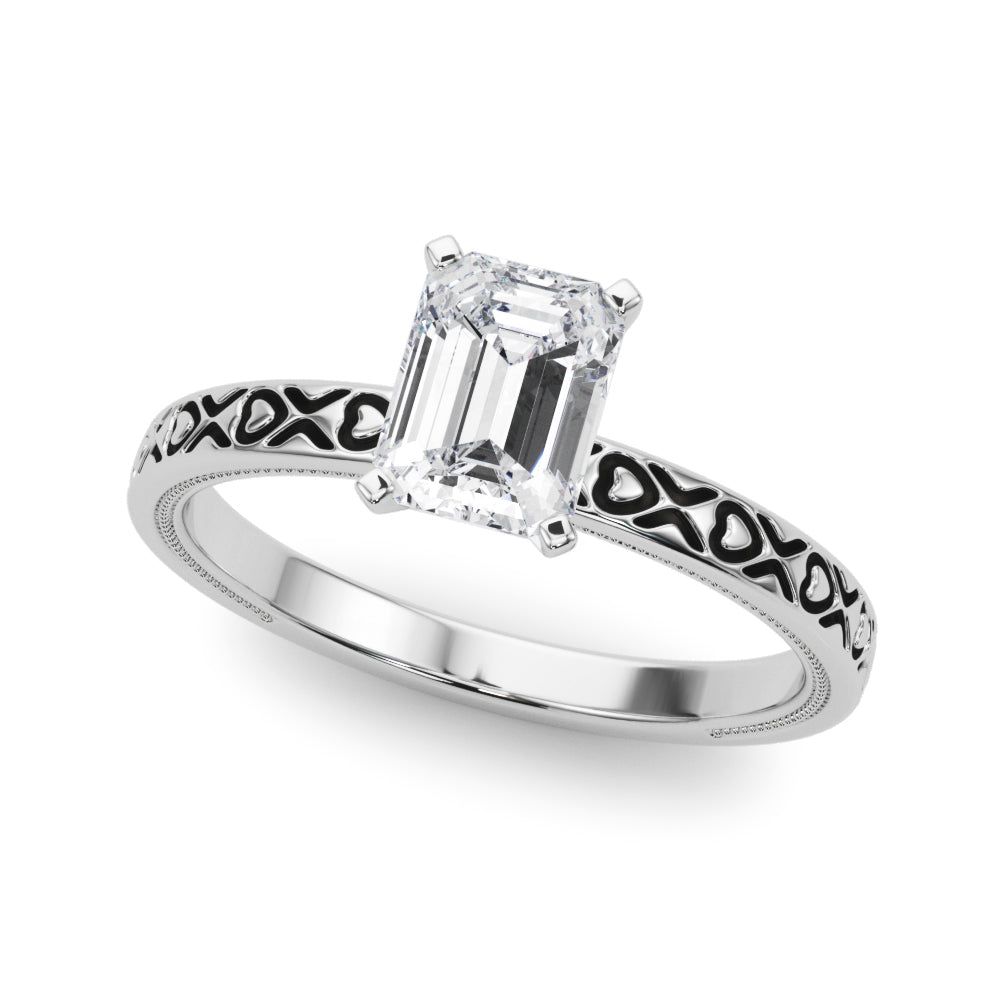 Silver Radiant Solitaire Diamond Engagement Ring with XO Engraved Band and Four-Prong Setting 2