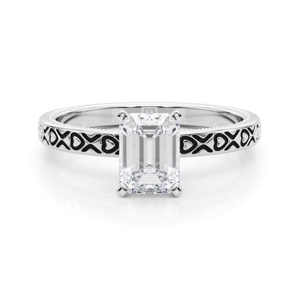 Silver Radiant Solitaire Diamond Engagement Ring with XO Engraved Band and Four-Prong Setting
