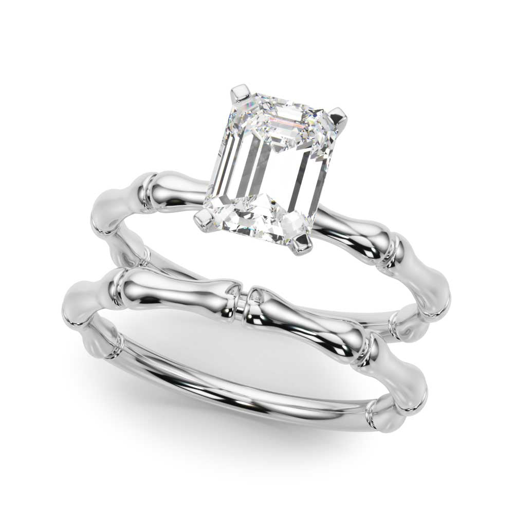 Silver Radiant Solitaire Diamond Ring with Bamboo Band and Four-Prong Setting