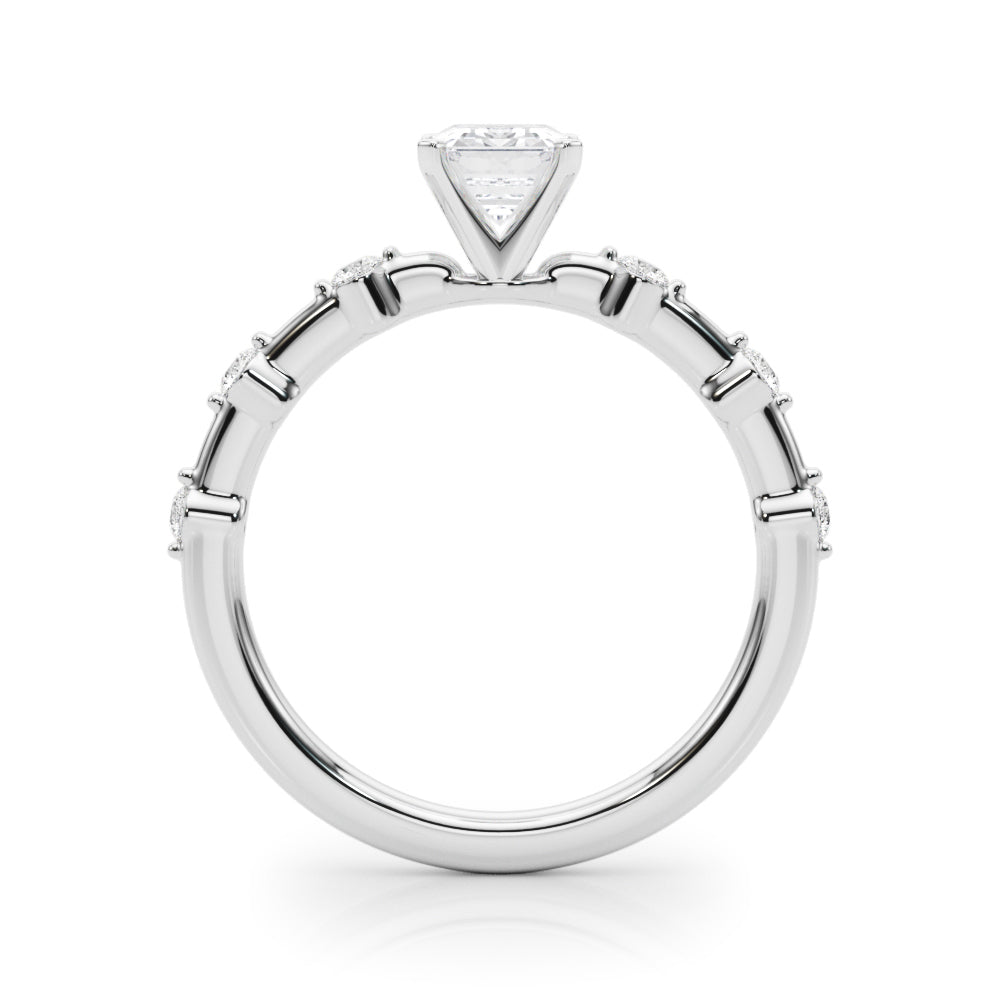 Silver Radiant Solitaire Diamond Ring with Bezel Set Side Stones and Prong Setting 1