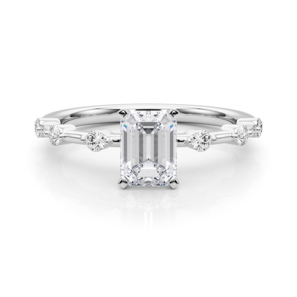 Silver Radiant Solitaire Diamond Ring with Bezel Set Side Stones and Prong Setting
