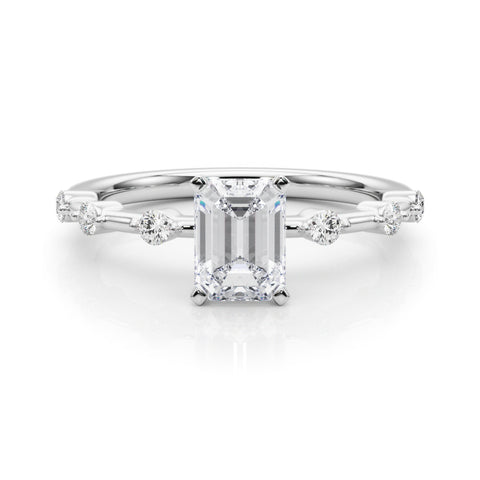 Silver Radiant Solitaire Diamond Ring with Bezel Set Side Stones and Prong Setting
