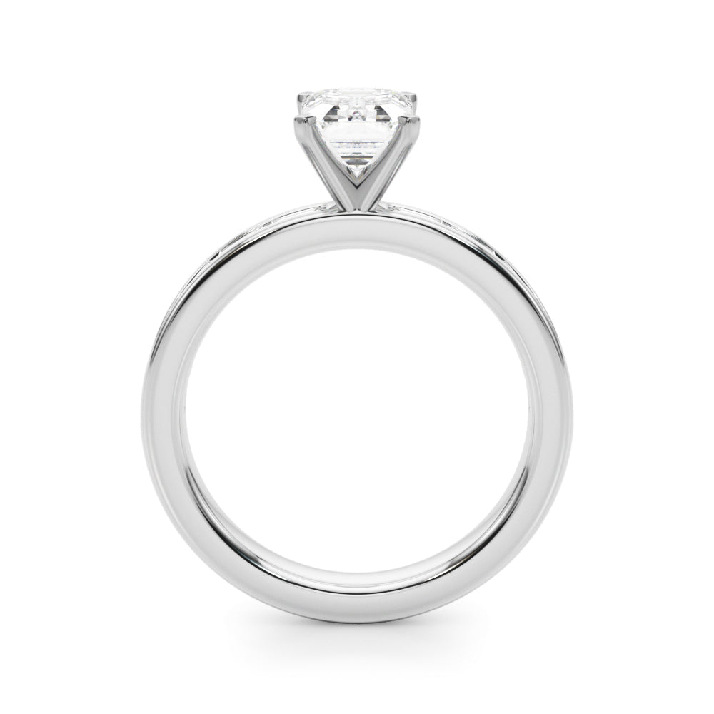 Silver Radiant Solitaire Diamond Ring with Channel-Set Baguette Band and Four-Prong Setting 1