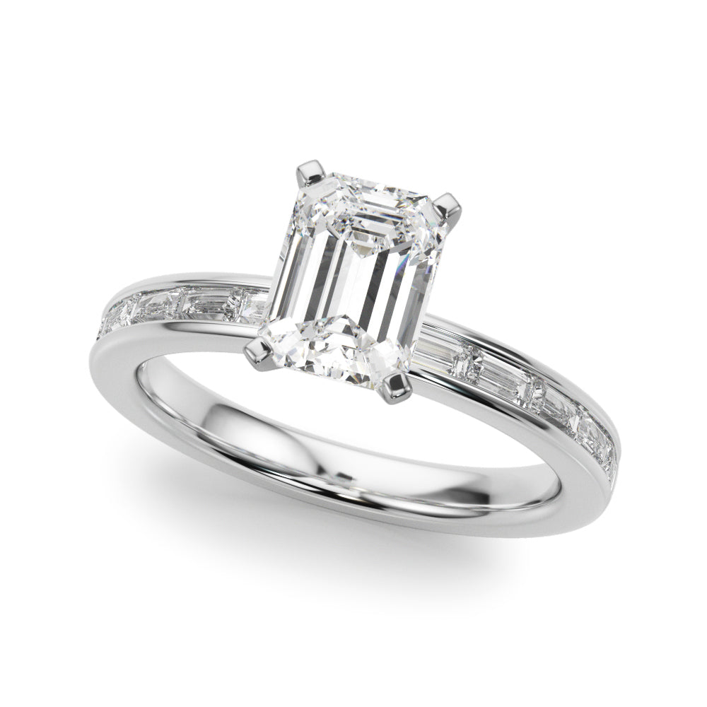 Silver Radiant Solitaire Diamond Ring with Channel-Set Baguette Band and Four-Prong Setting 2