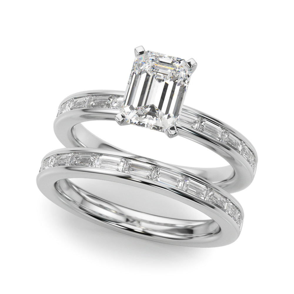 Silver Radiant Solitaire Diamond Ring with Channel-Set Baguette Band and Four-Prong Setting