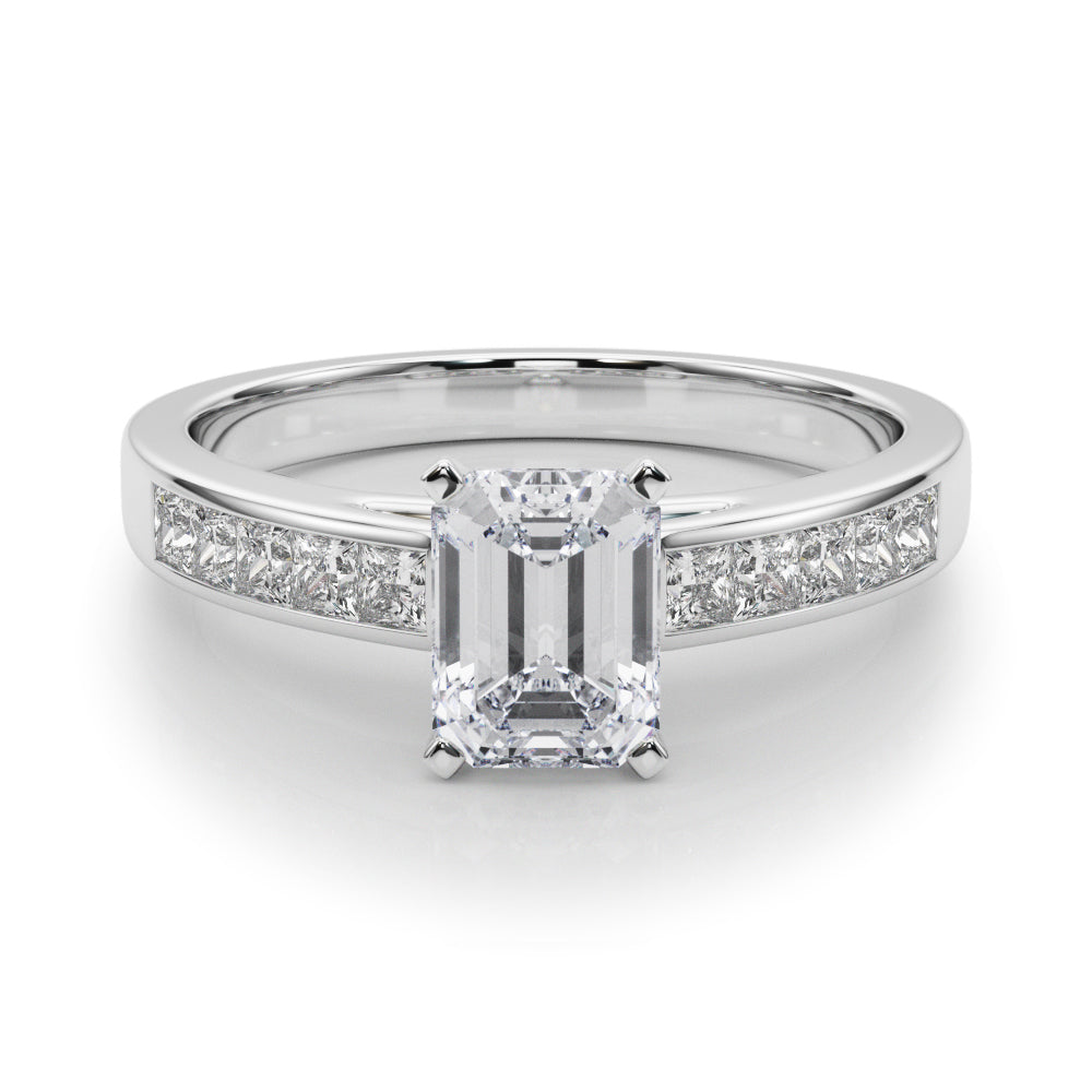 Silver Radiant Solitaire Diamond Ring with Channel-Set Band and Four-Prong Setting