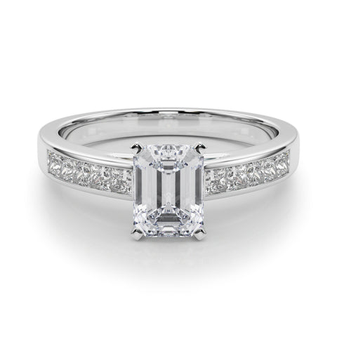 Silver Radiant Solitaire Diamond Ring with Channel-Set Band and Four-Prong Setting