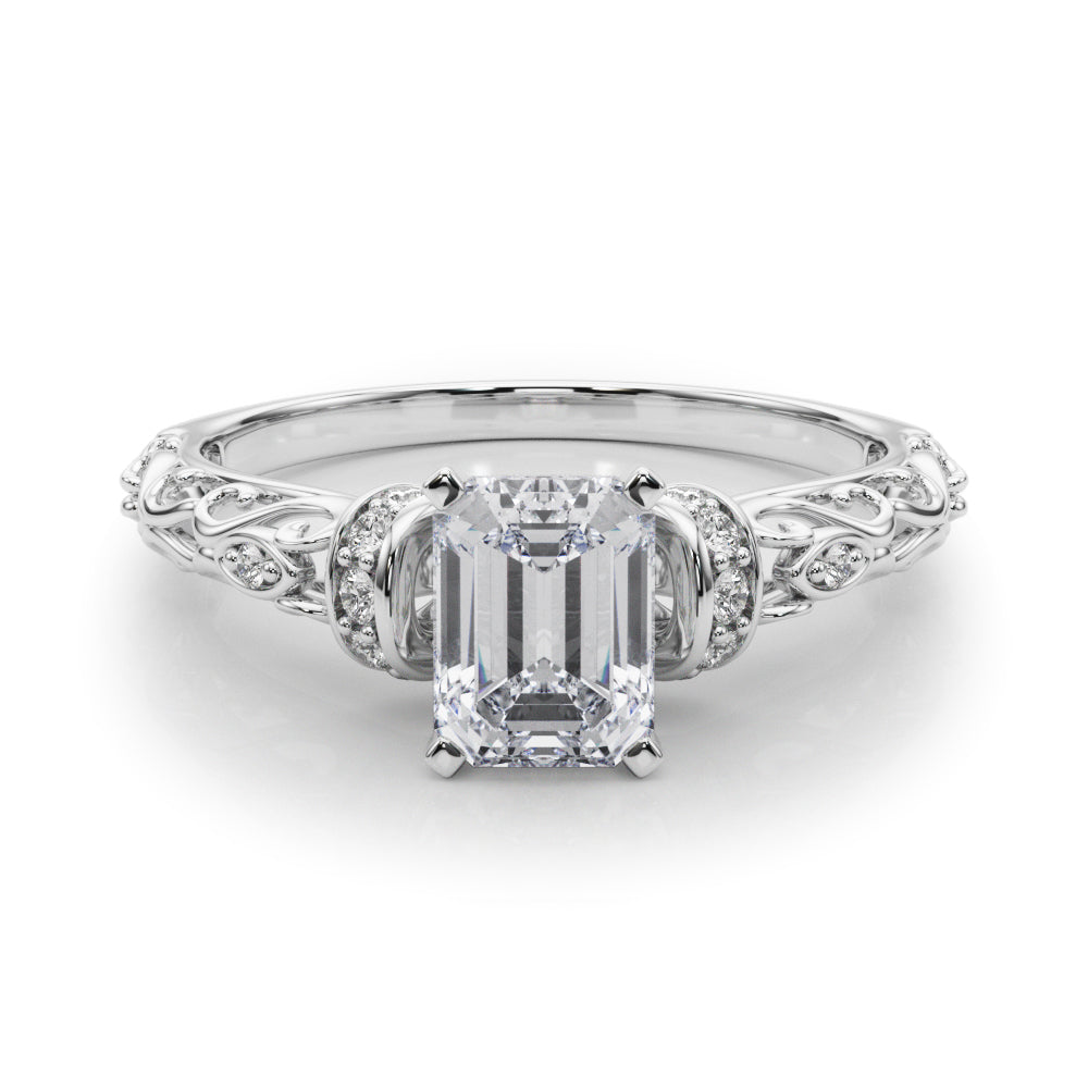 Silver Radiant Solitaire Diamond Ring with Filigree Band and Four-Prong Setting